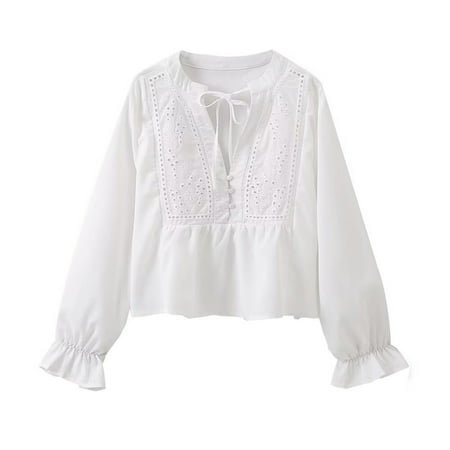 Lovskoo Womens Y2K Ruffled Sleeve Tie Front V Neck Babydoll Shirts Lace Up Blouses Cute Summer Going Out Tops White