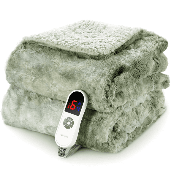 MARNUR Heated Blanket Electric Throw 50" x 60", Soft Faux Fur & Shu Velvet Heated Throw Blanket, 6 Heating Levels, 4 Hours Timer, Tie-Dye Off Green