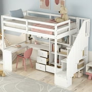 Pinovk Twin Size Loft Bed with L-Shaped Desk and Drawers, Cabinet and Storage Staircase, White