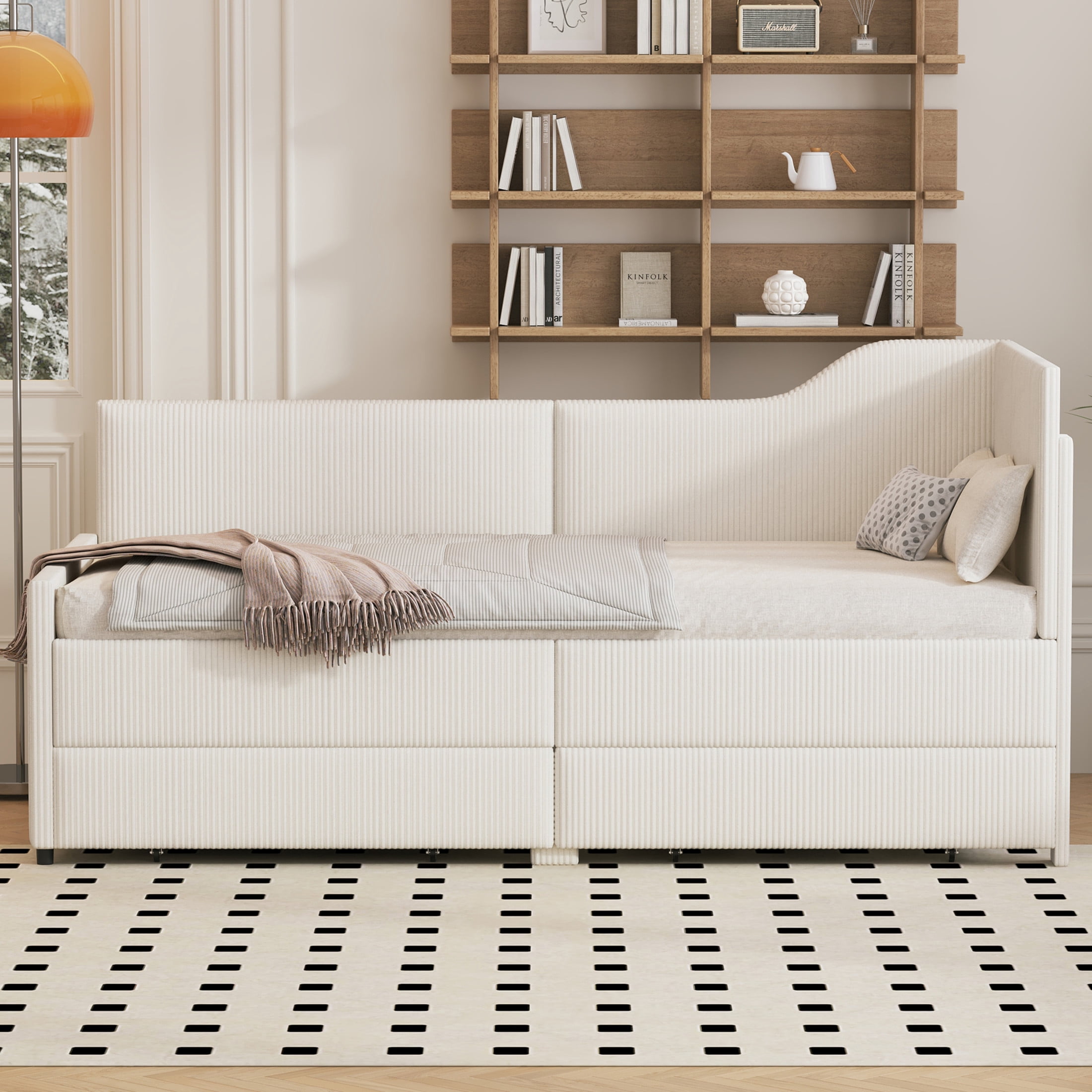 Noble House Twin Size L-Shaped Corduroy Daybed with 2 Storage Drawers, Beige