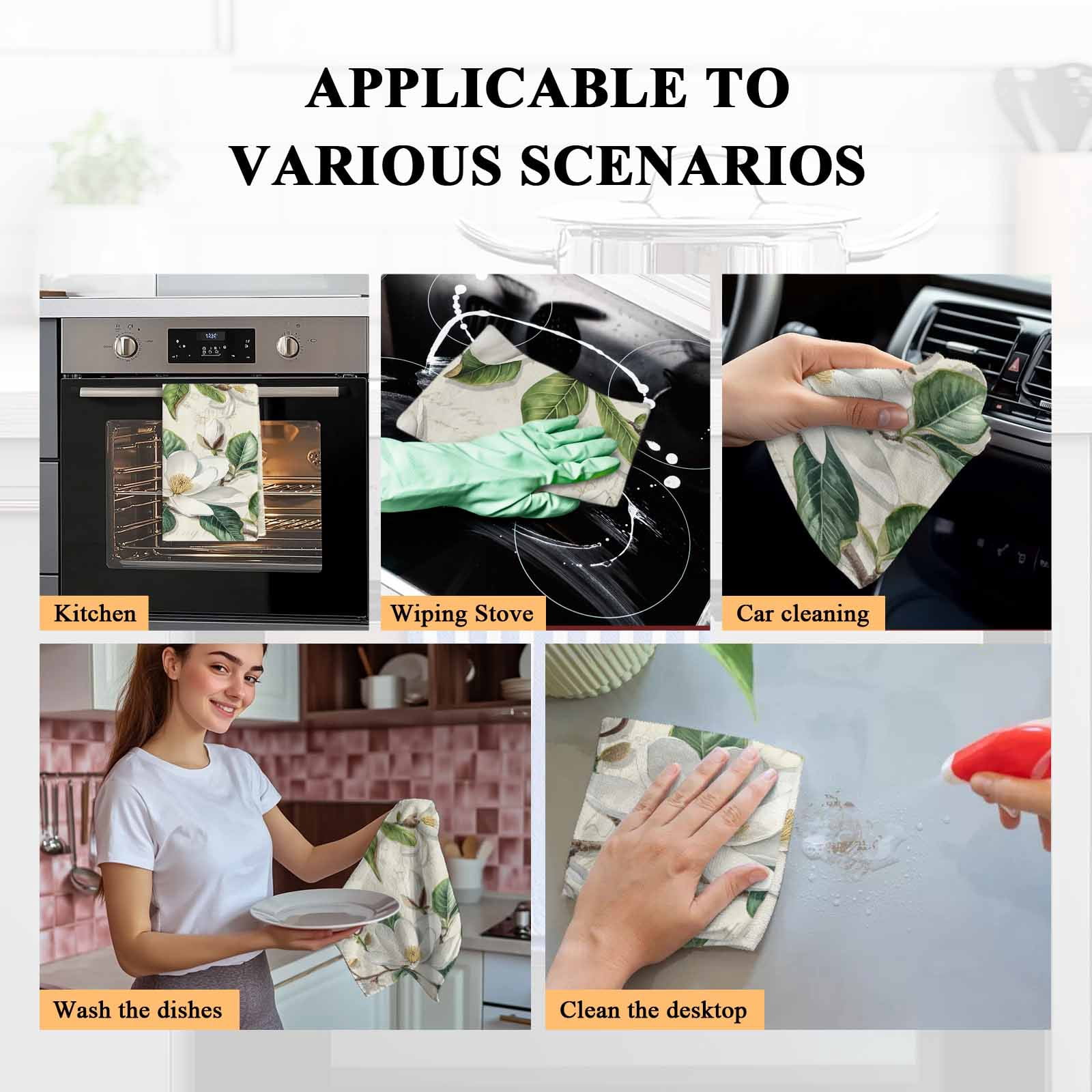 Retro Flowers Kitchen Towel Dish Cloths Set of 2, Microfiber Soft Kitchen Hand Towels, Farmhouse Leaf Branch Green Plants Absorbent Quick Drying Dishcloths 18 x 28 Inches