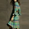 thumbnail image 6 of VEKDONE Women's Plaid Midi Dress Bell Sleeve Crewneck Knee Length Dress Casual Loose Fit Vintage Cowgirl Style Dress Fashion Clothes Green L, 6 of 7