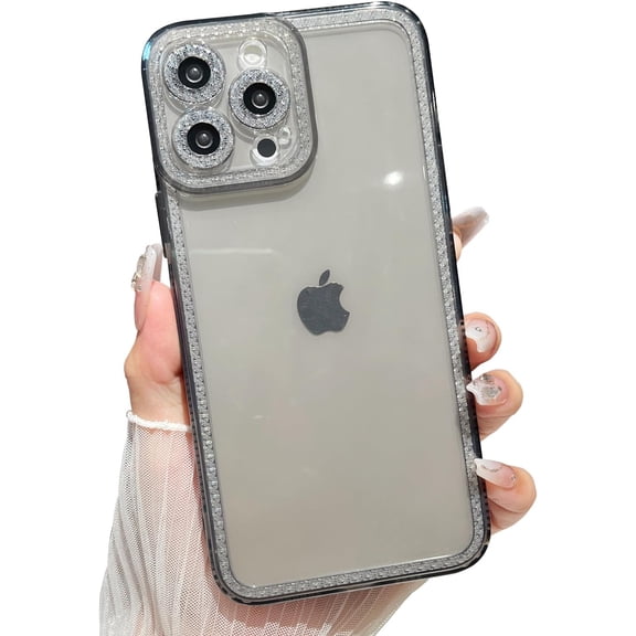 for iPhone 15 pro Sparkly Cute Transparent Case, Soft Silicone TPU, Camera Raised Protection, Anti-Slip and Anti-Shock, Glittering Suitable for Women, Girls - Black