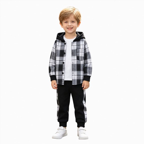 Leey-World Toddler Boys Clothes 2T 3T 4T 5T Boys Plaid Hoodie Button Top & Sweatpants Set 2Pcs Fall Winter Outfits for Toddler Little Kids