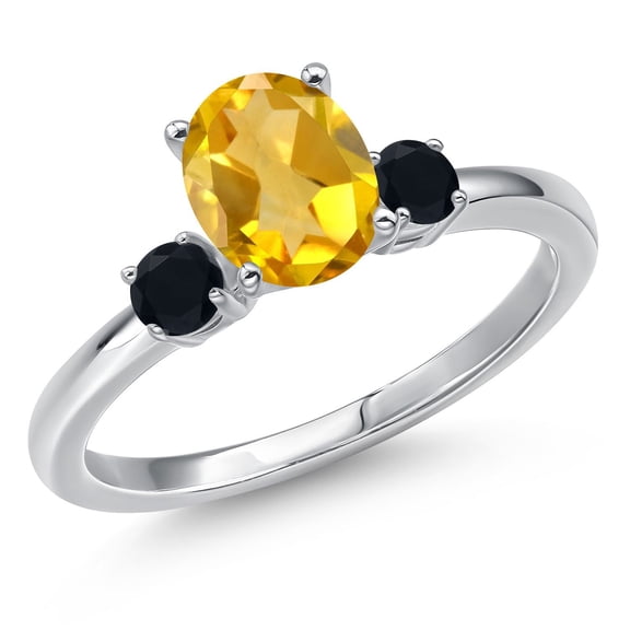 Gem Stone King 14K White Gold Yellow Citrine and Black Onyx Engagement Ring for Women | 1.50 Cttw | Oval 8X6MM | Gemstone November Birthstone | Size 8