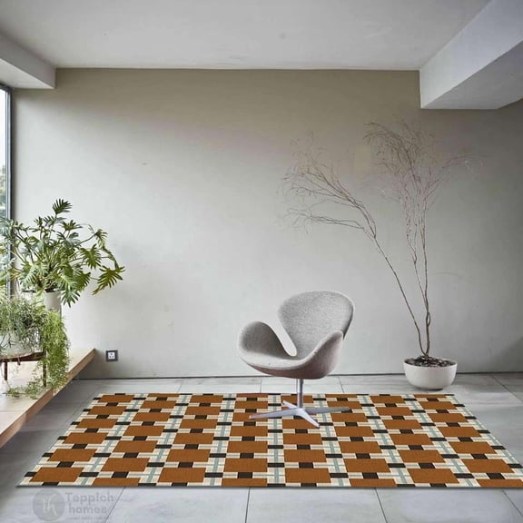 Hand-Tufted Wool Runner Rug 2.6×8 ft – Brown Geometric Square Pattern, Soft, High Pile Area Carpet for Living Room & Bedroom