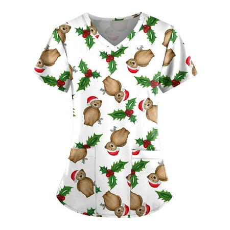 

Ovticza Fitted Scrubs for Women Christmas Graphic Printed V Neck with Pockets Women s Scrub Top Nursing Short Sleeve Uniforms Cheap Clearance Scrub Suit White 5XL