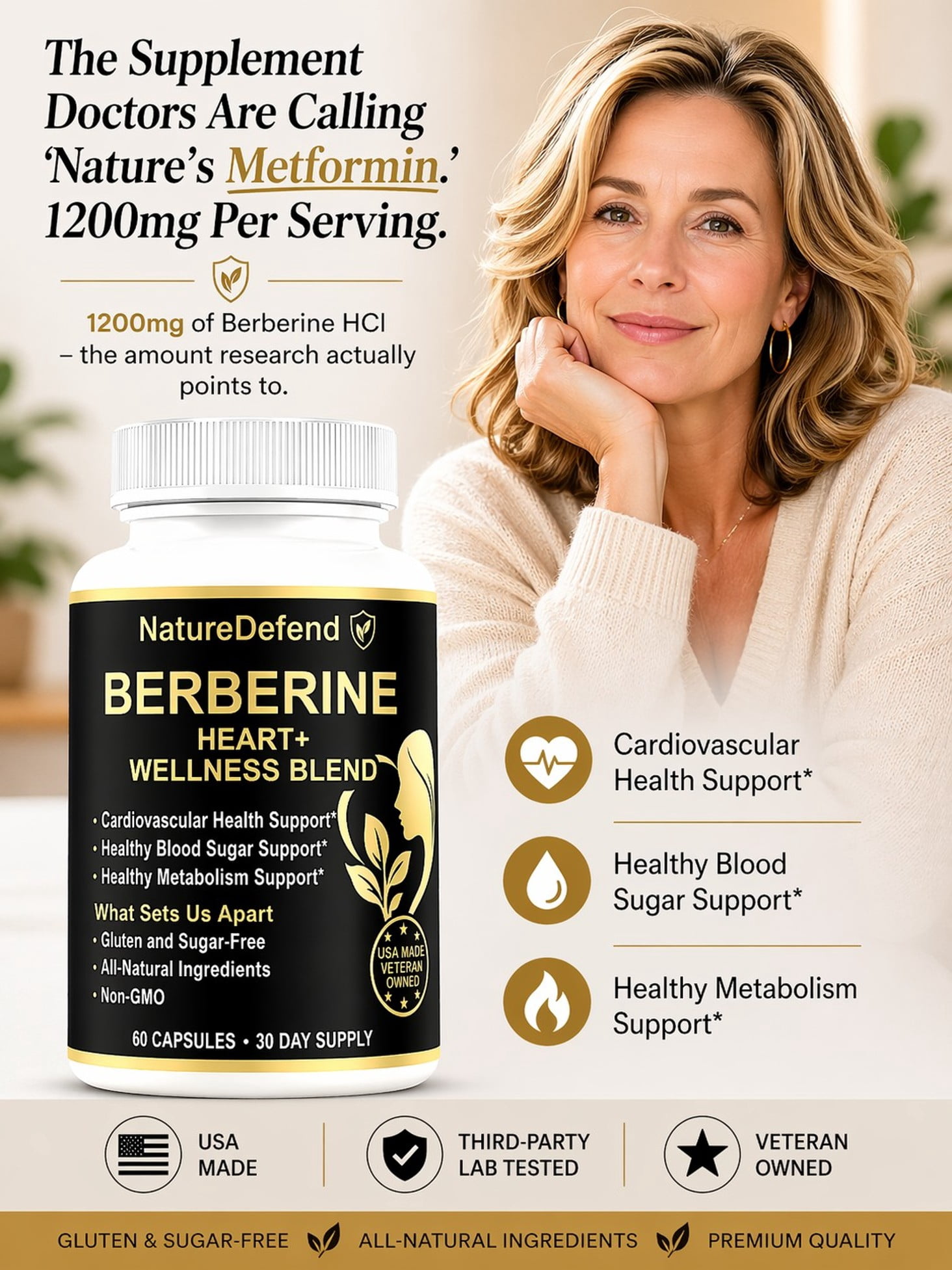 NatureDefend Berberine Supplement, Metabolic Support, 60 Capsules, Veteran-Owned, USA Made