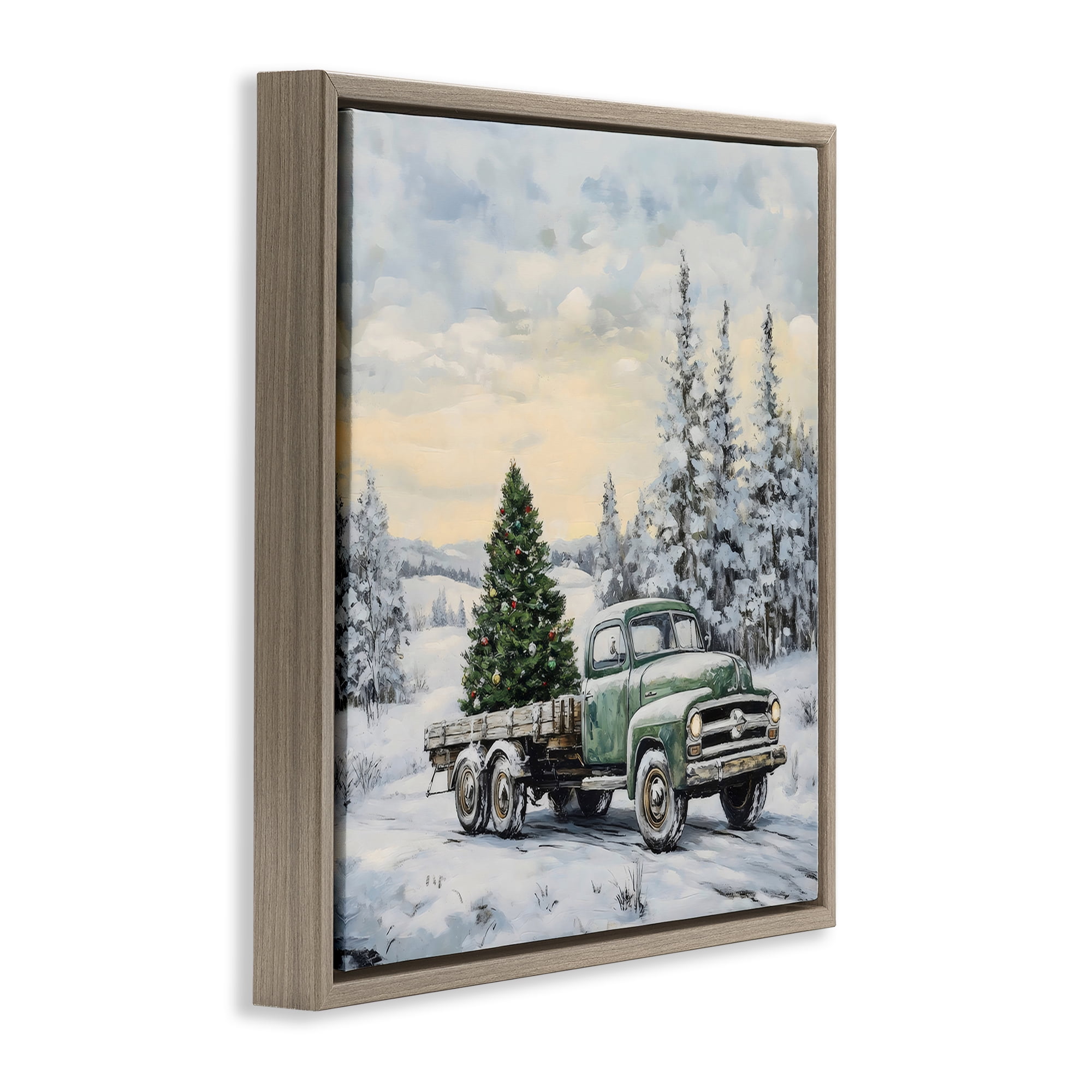 Green Christmas Tree Truck Brown Framed Floater Canvas Wall Art, design by Petal Prints Design