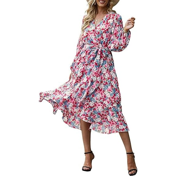 PRETTYGARDEN Women's Floral Print Boho Dress Long Sleeve Wrap V Neck Ruffle Belted A-Line Flowy Maxi Dresses