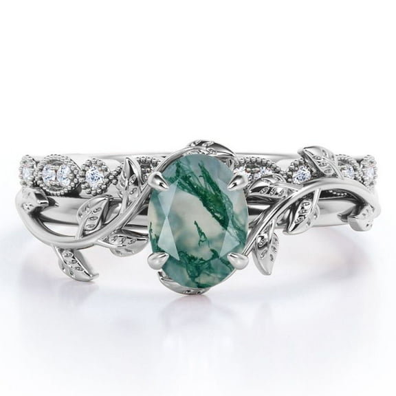JeenMata Art Deco Filigree Milgrain - 1.5 Carat Egg Cut Genuine Dendritic Moss Green Agate and Moissanite - Beautiful Leaf Bridal Ring Set - 18K White Gold Plating over Silver