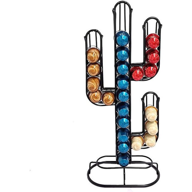 Soporte para cápsulas de café, soporte para cápsulas de café con forma de cactus, organizador de almacenamiento de cápsulas de café de hierro negro para el hogar, capacidad para 48 cápsulas de café