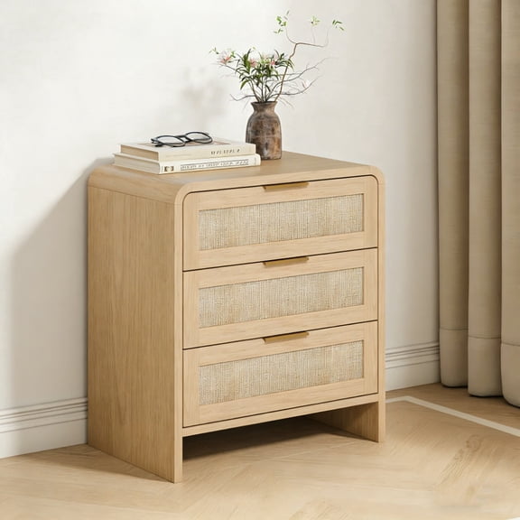 Rattan Nightstand with 3 Drawers - 22.8" Wide Curved Wooden Bedside Table, Modern Natural Oak Storage Cabinet for Bedroom, Boho Style End Table