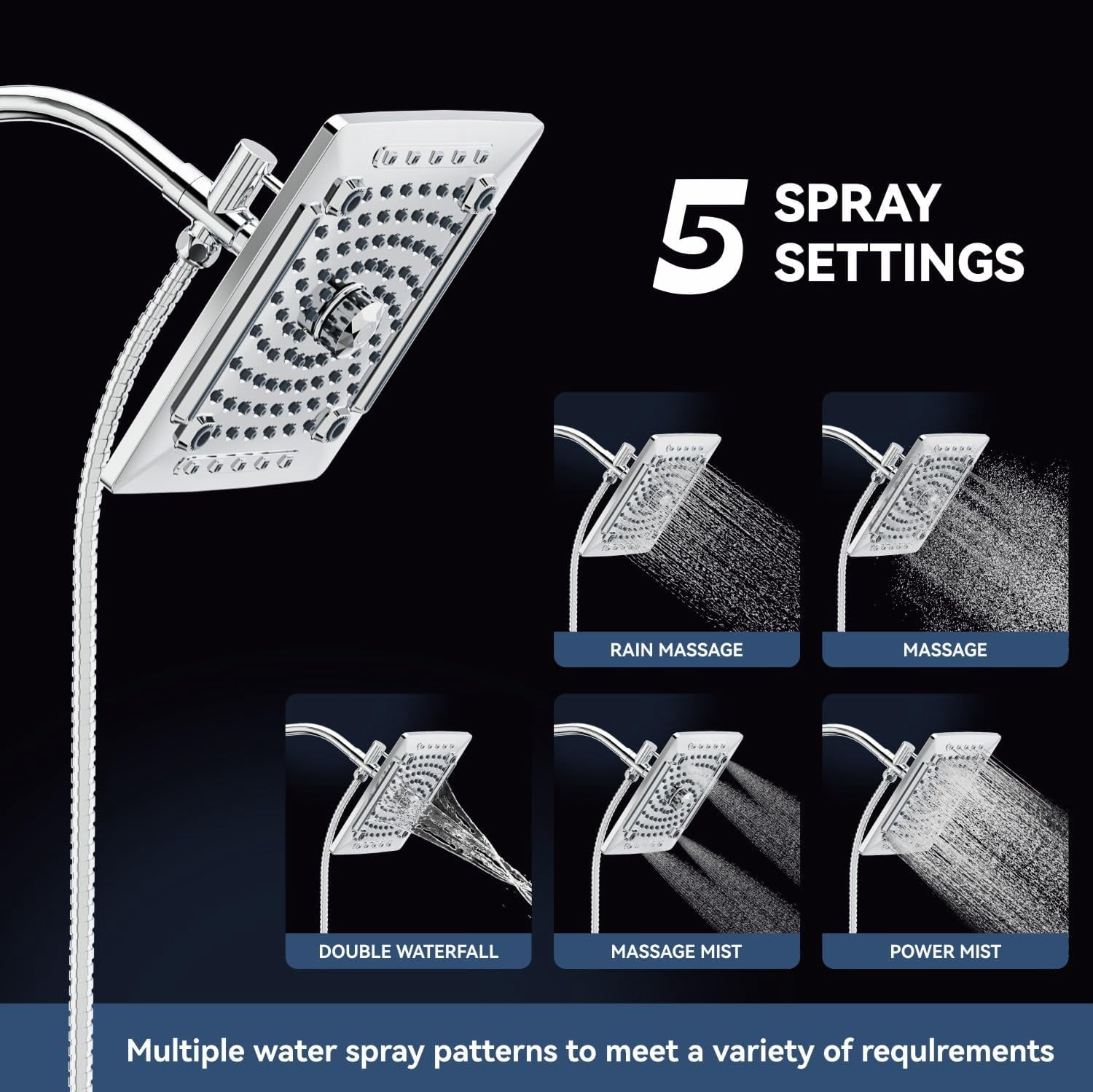 Rain Shower Head with Handheld Spray, Rainfall Shower Head Combo with 60" Hose, Adjustable Dual Showerhead Set with 3-Way Diverter, Chrome