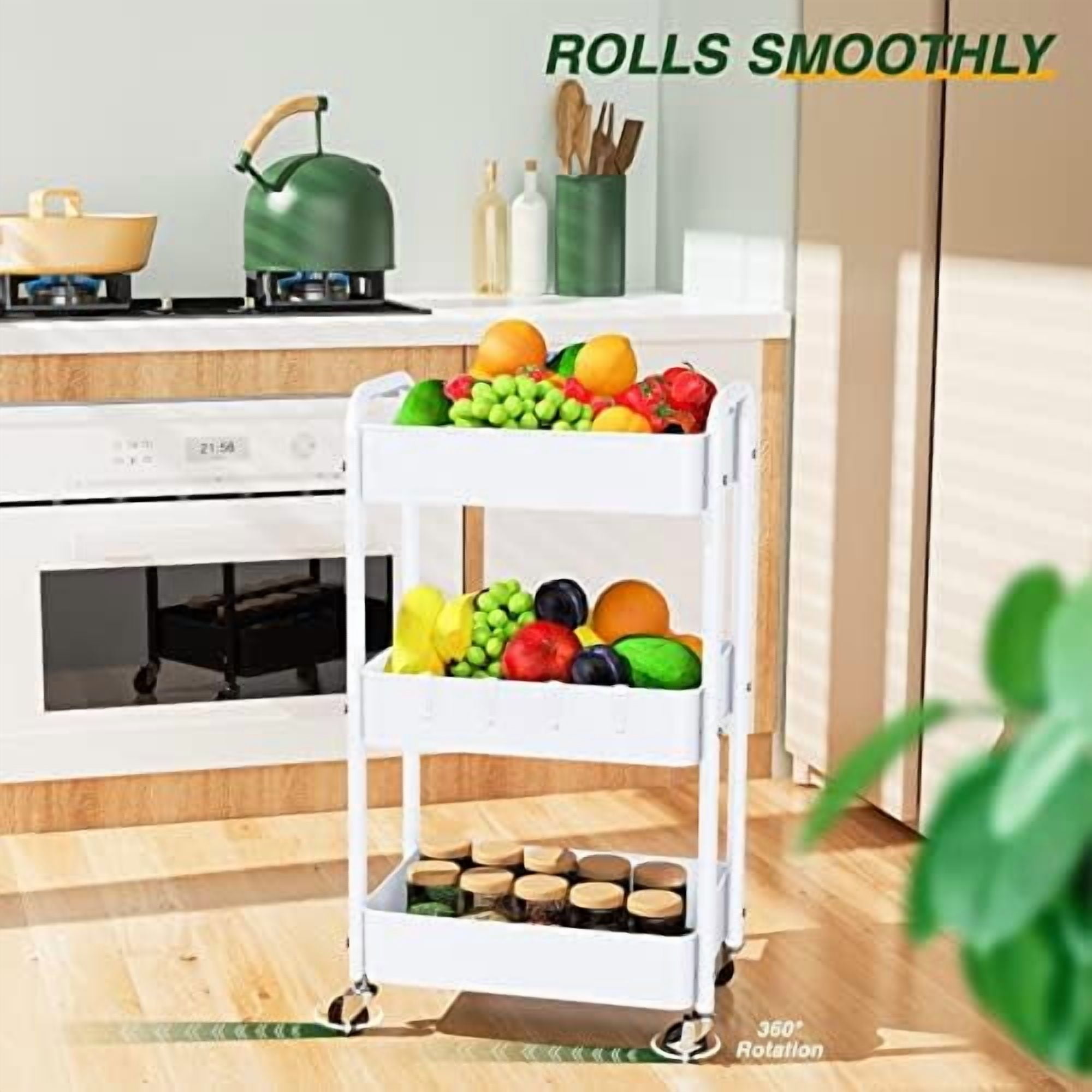 3 Tier Rolling Storage Cart, Metal Trolley Utility Cart with Wheels & Hooks, Easy Assembly Organizer Storage Cart for Bathroom Kitchen Office Bedroom White