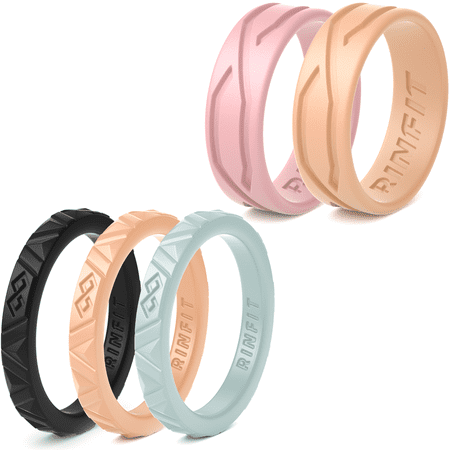 Silicone Wedding Rings for Women - 5 Rings Pack - Mix Collection Rinfit Designed Ring. Thin 2.5 / 5.5 mm wide - Stackable & Thin rubber Wedding Bands. Metal Free, Safe & Comfortable size (Best Female Fronted Metal Bands)