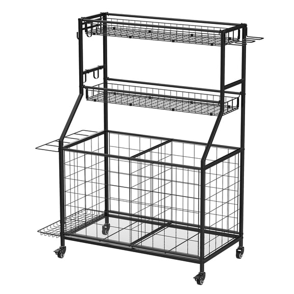 Lorelo Sports Equipment Organizer, Garage Ball Storage Rack with Basket, Hooks, Toy Storage Rolling Cart with Wheels for Toys Sports Gear Storage