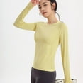 thumbnail image 2 of Ltctricy T-Shirts d'Entraînement à Manches Longues pour Femmes, Col Rond, Extensibles, Ajustés, T-Shirts Athlétiques de Course, de Gym et de Yoga avec Trous pour les Pouces (Jaune, Moyen), 2 of 5