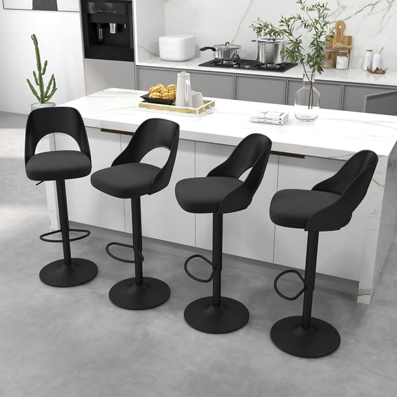 Bar Stools Set of 4 for Kitchen Counter, Seat Height Adjustable 25''-33'', Modern Upholstered Swivel Island Chairs with Hollow Backrest Metal Base, Black