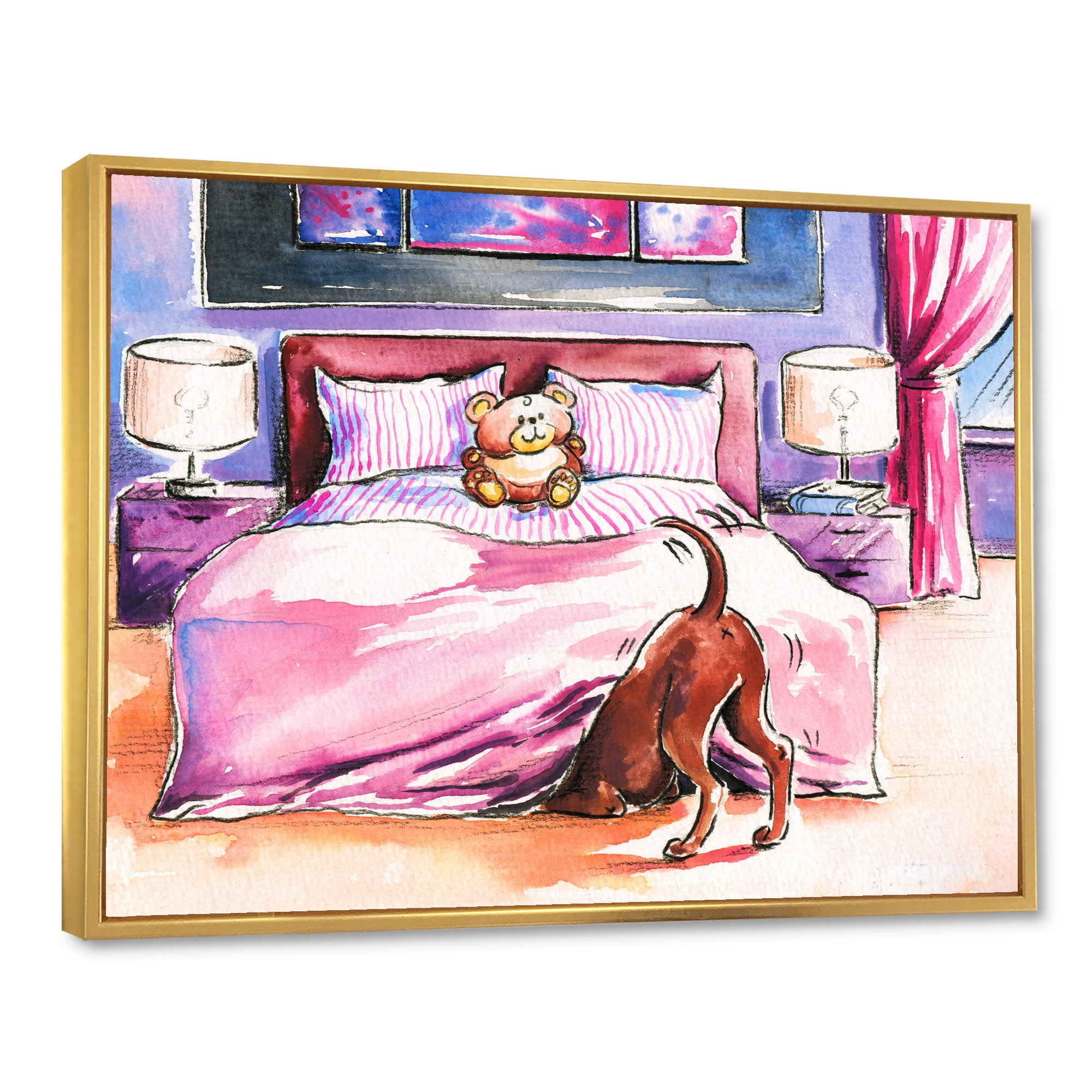 Designart 'Brown Dog Looking Under the Bed and Teddy Bear' Farmhouse Framed Canvas Wall Art Print