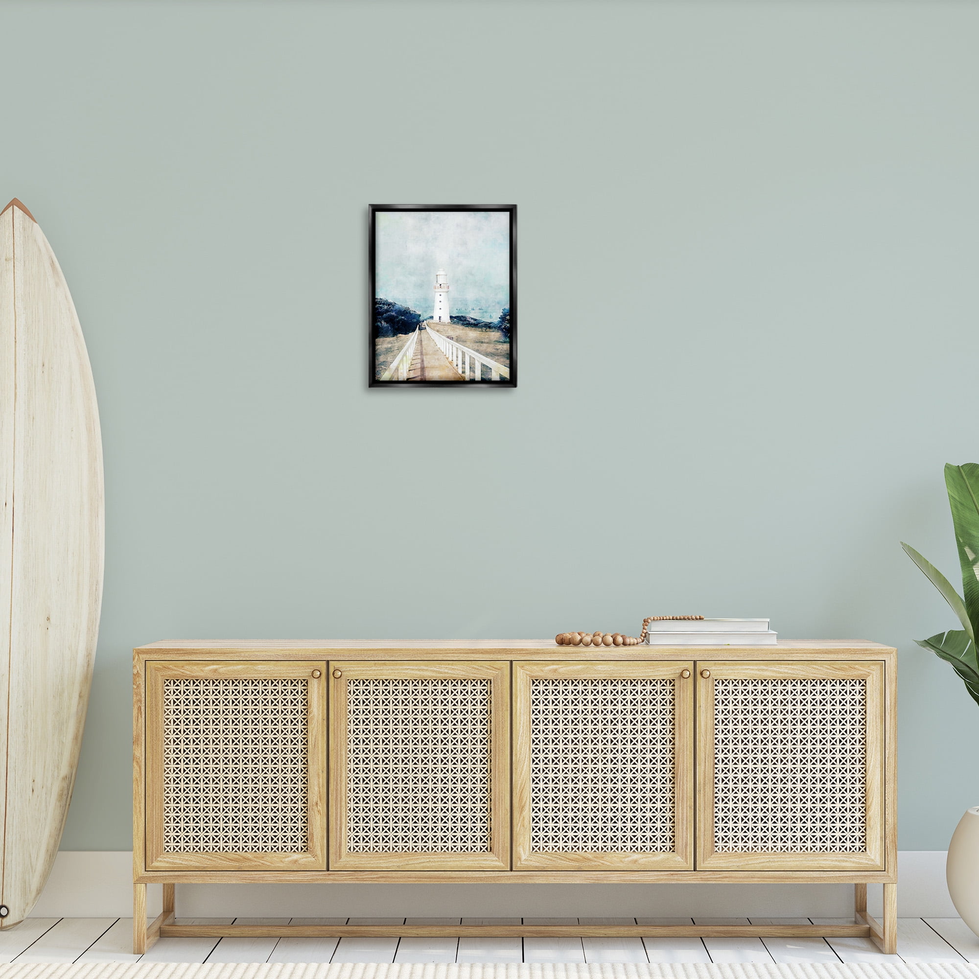 Stupell Industries White Lighthouse & Rustic Boardwalk Nature Painting Black Floater Framed Canvas Art Print Wall Art, 17 x 21