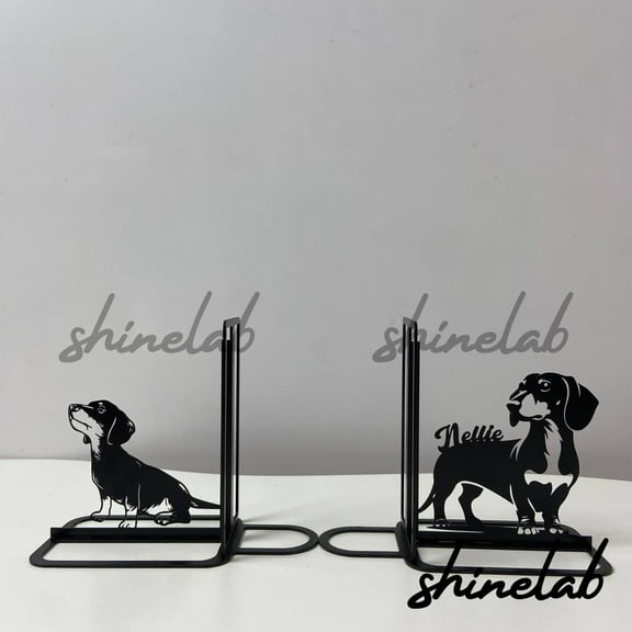 Shinelab Dachshund Metal Bookends Custom Sausage Dog Name Bookend Gift, Animal Desk Bookshelf Decor 6692