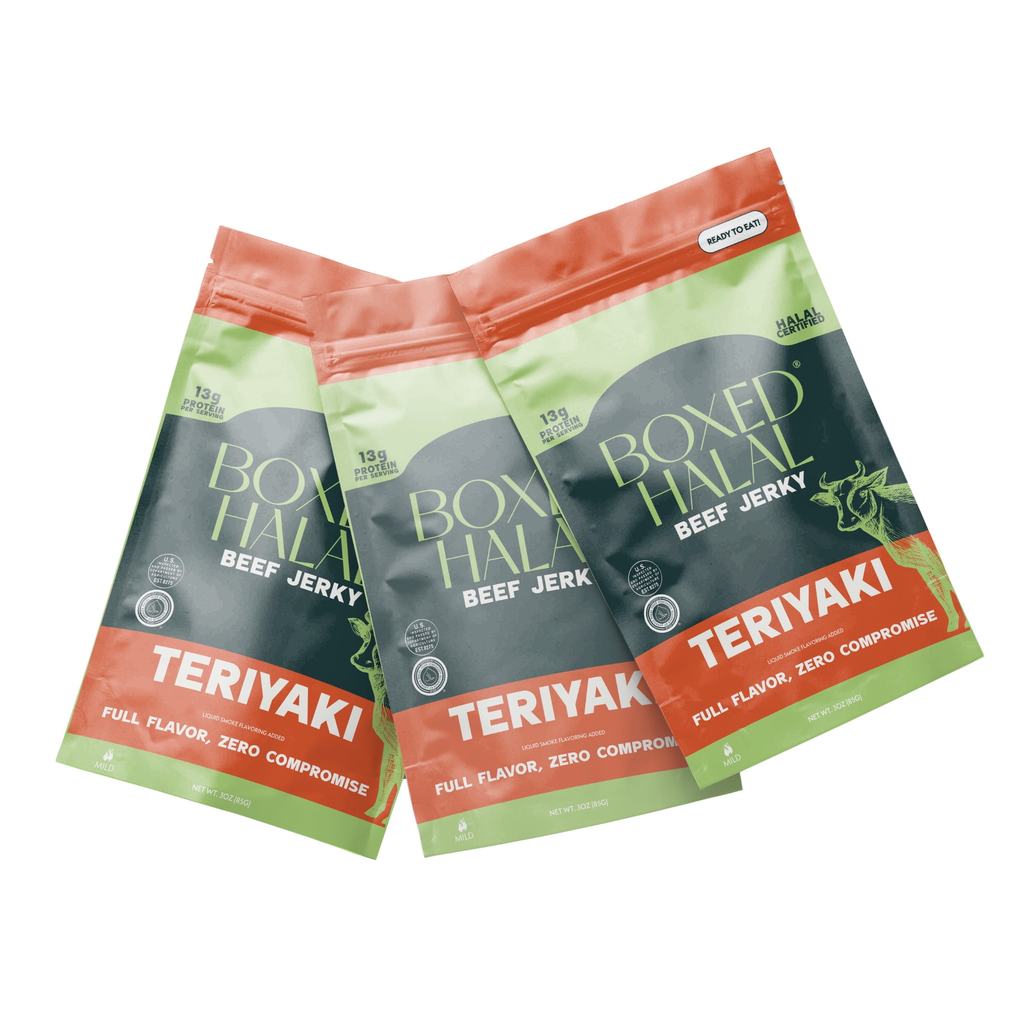 BOXED HALAL Premium 100% Grass-Fed Teriyaki Beef Jerky Strips, 13g Protein, , HFSAA Certified Halal, Keto Friendly Snack, 3 Oz. Bags (3 Pack)