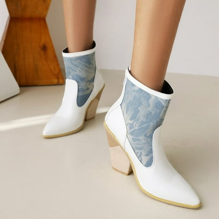 

VONCOS Women s Boots Women s Winter Fleece Short Patchwork Colour High Heel Back Zipper Boots