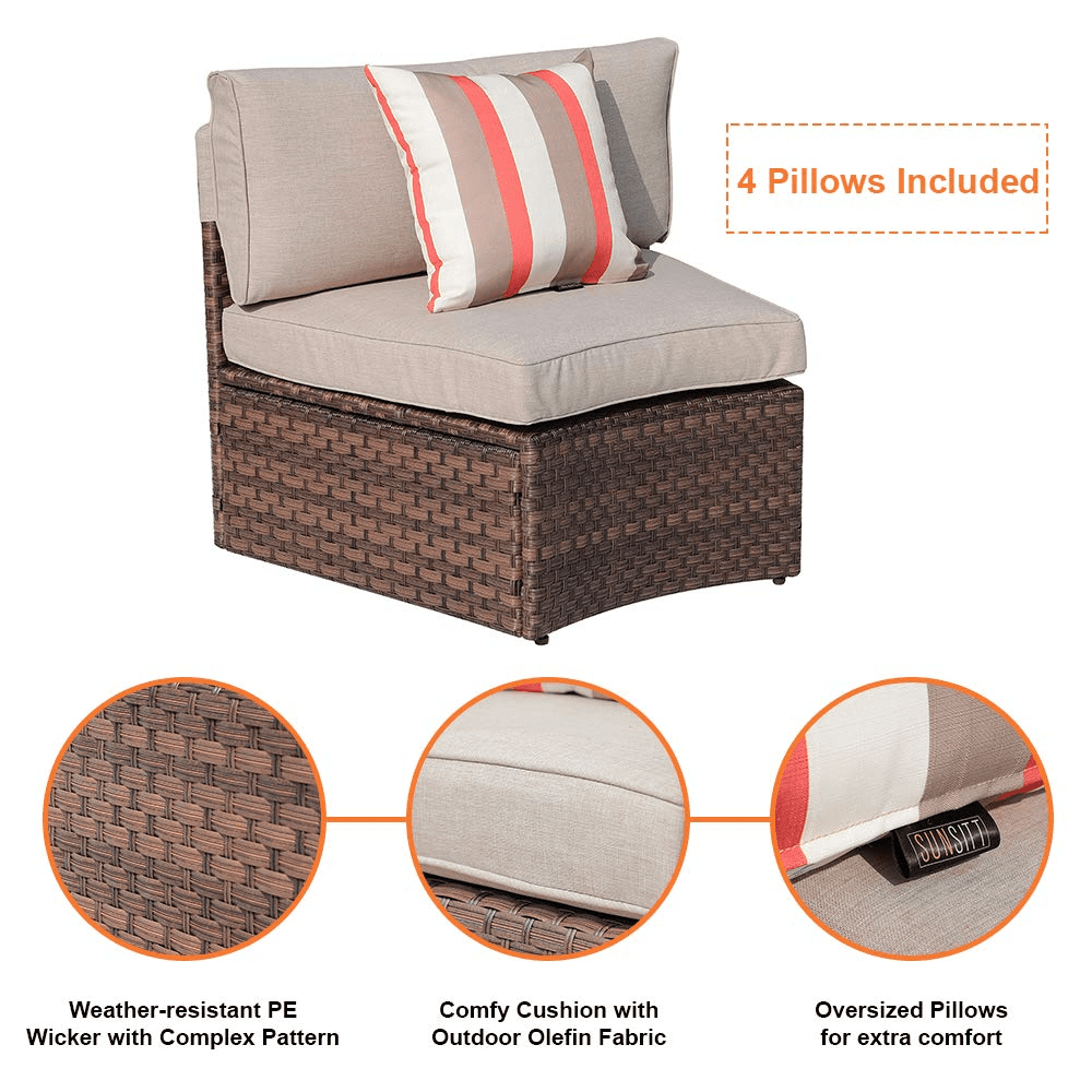 SUNSITT Outdoor Sectional Set 11-Piece Half Moon Patio Furniture Brown Wicker Sofa Taupe Cushions with 4 Side Table and 4 Pillows 
