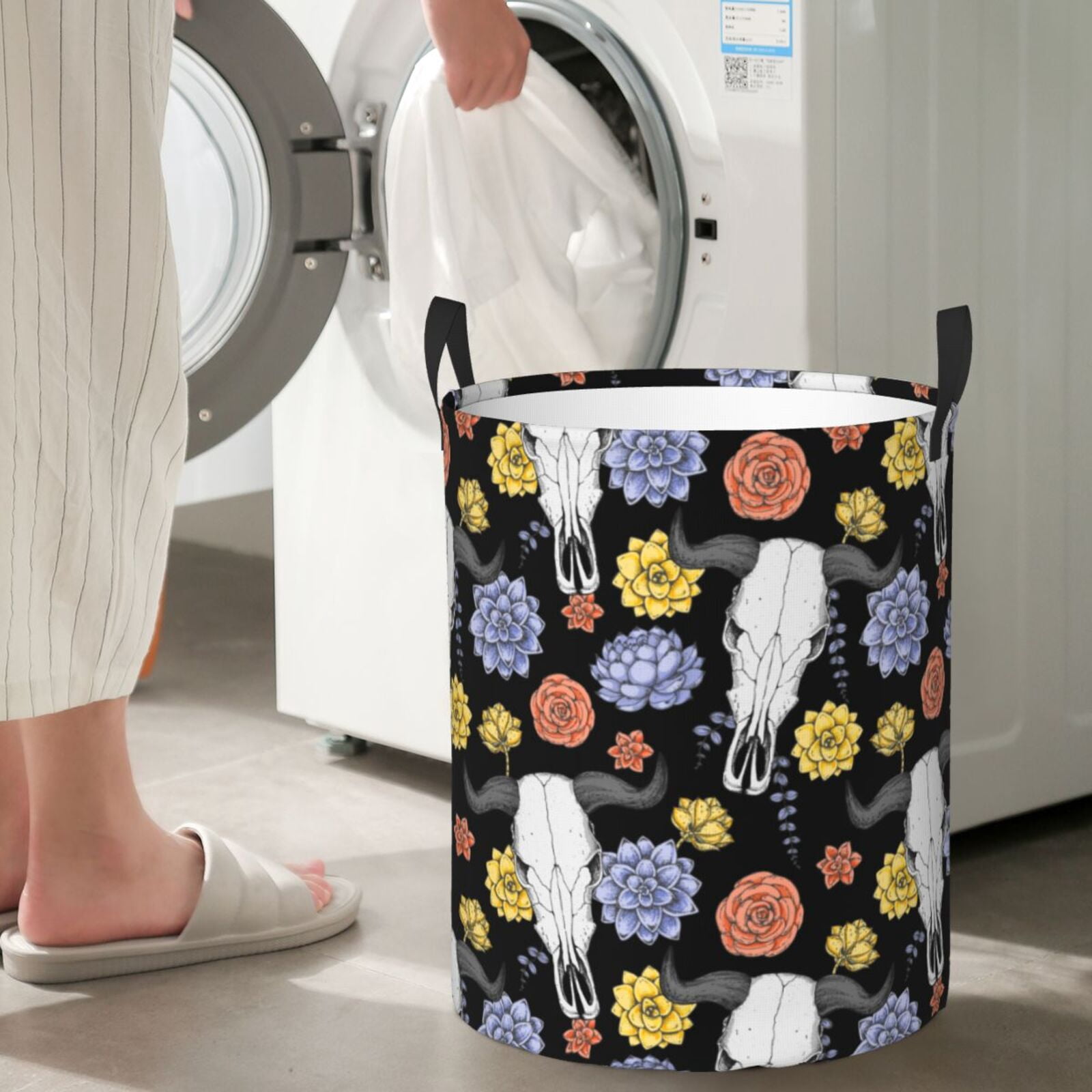 Large Laundry Basket with Handles - Buffalo Skull flowers Exotic Kids Baby Dirty Clothes Laundry Hamper for Bedroom Aesthetic