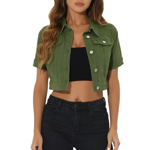 Chaqueta de mezclilla recortada para mujer INSPIRE CHIC, de manga corta, con botones, talla XS, color verde