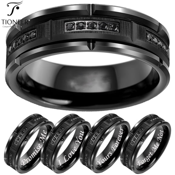 Tioneer Black Tioneer Tungsten Carbide 8mm Brick Design with Black Cubic Zirconia CZ Wedding Band Ring Mens Womens 8mm w/ Free Engraving