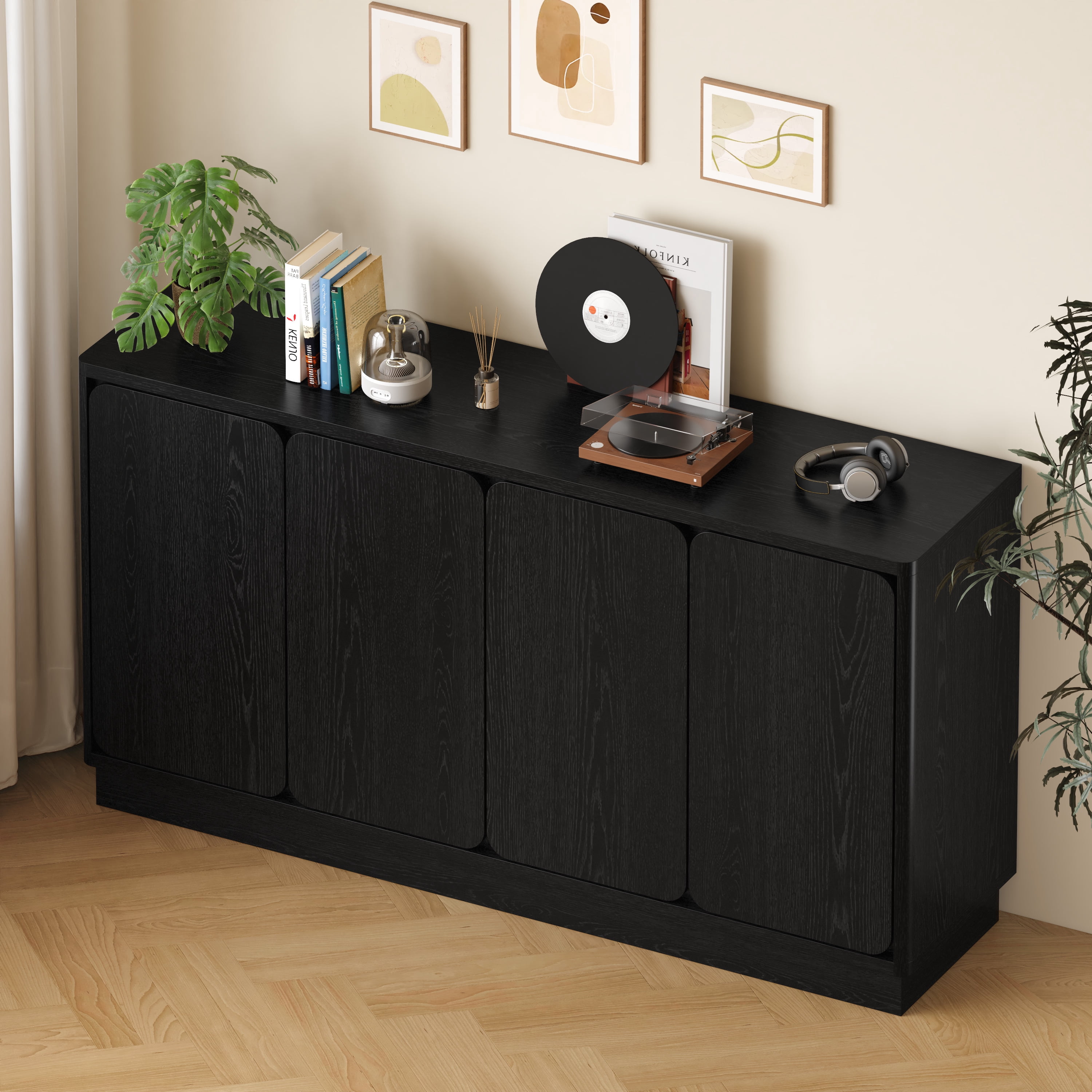 Mintazer 59.1"W Sideboard Buffet Cabinet with Adjustable Shelves, 4 Door Storage Credenza Cabinet for Dining Room Kitchen Living Room, Entryway, Black