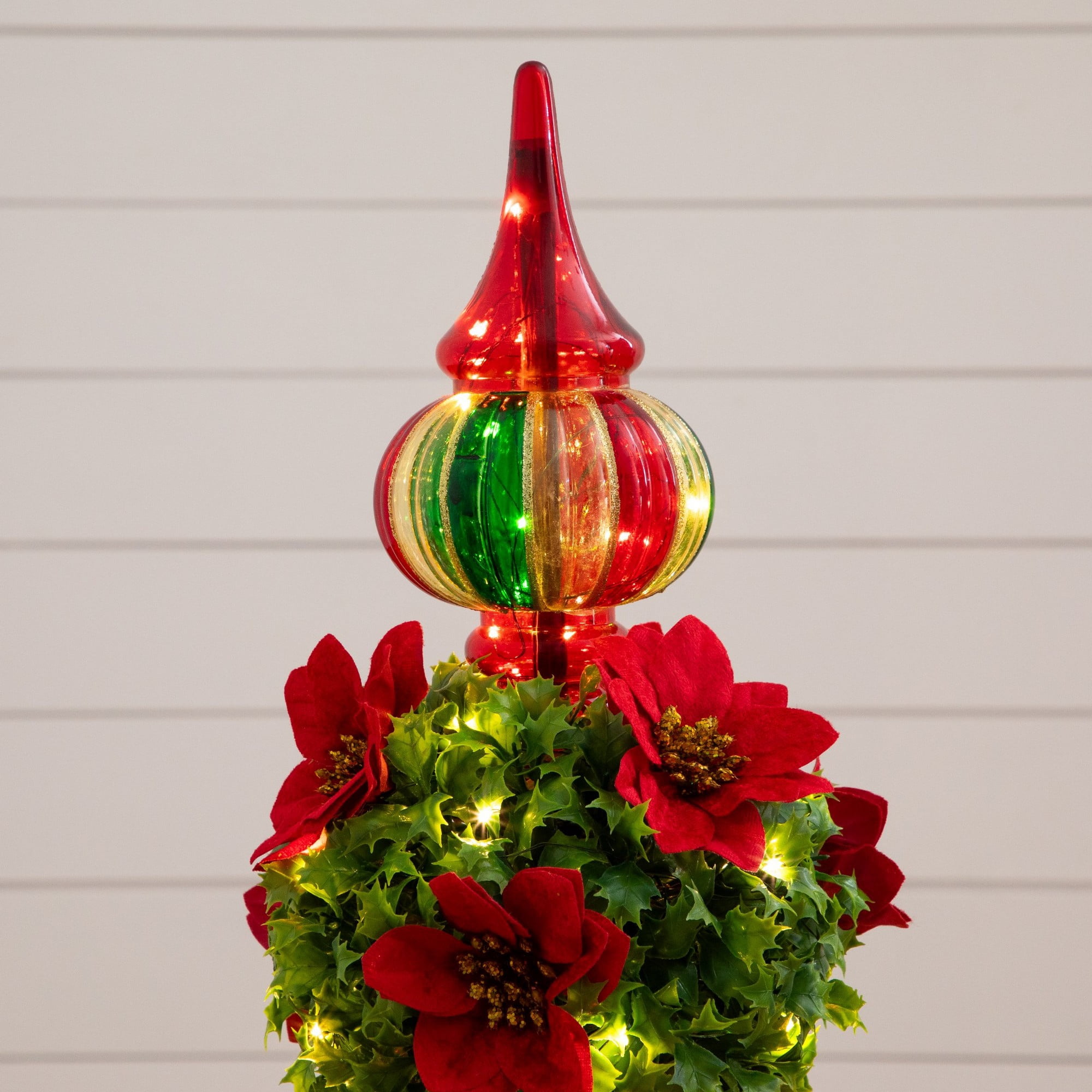 3ft. Pre-Lit Artificial Christmas Ornament Holly Berry Topiary Tree with Poinsettias and 70 LED Lights in Decorative Urn