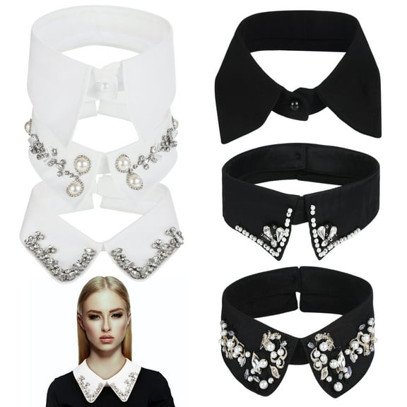 6 PCS Rhinestone Half Shirt Dickey Collars, Detachable Blouse Sweater Collar for Women, Elegant Fake Collar Dickie for Layering, Black & White
