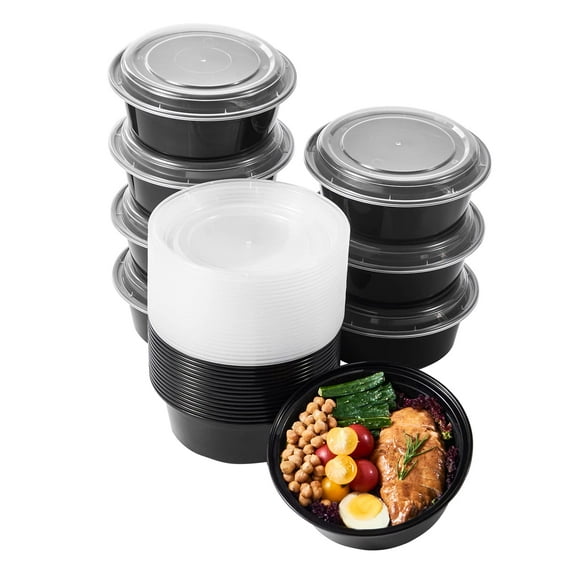 Recipientes para preparación de comidas FULING de 950 ml, 50 unidades, con tapas, negros, sin BPA