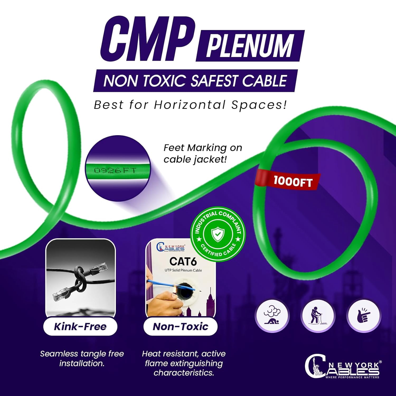 NewYork Cables Cat6 Plenum CCA 1000ft Bulk Ethernet Network LAN Cable UTP 4Pairs 550MHz 23AWG Green