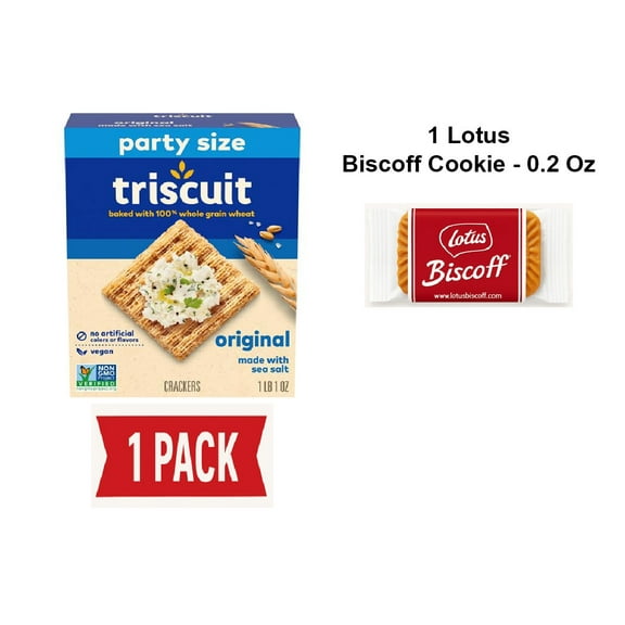 Triscuit Original Whole Grain Wheat Crackers, Vegan Crackers, Healthy Snacks, Lunch Snacks, Party Size, 17 Oz - Pack Of 1 & Lotus Biscoff Cookie - 0.2 Oz - 1 ct