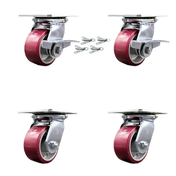 4 Inch Poly on Aluminum Caster Set with Roller Bearing 4 Swivel Lock and 2 Brake