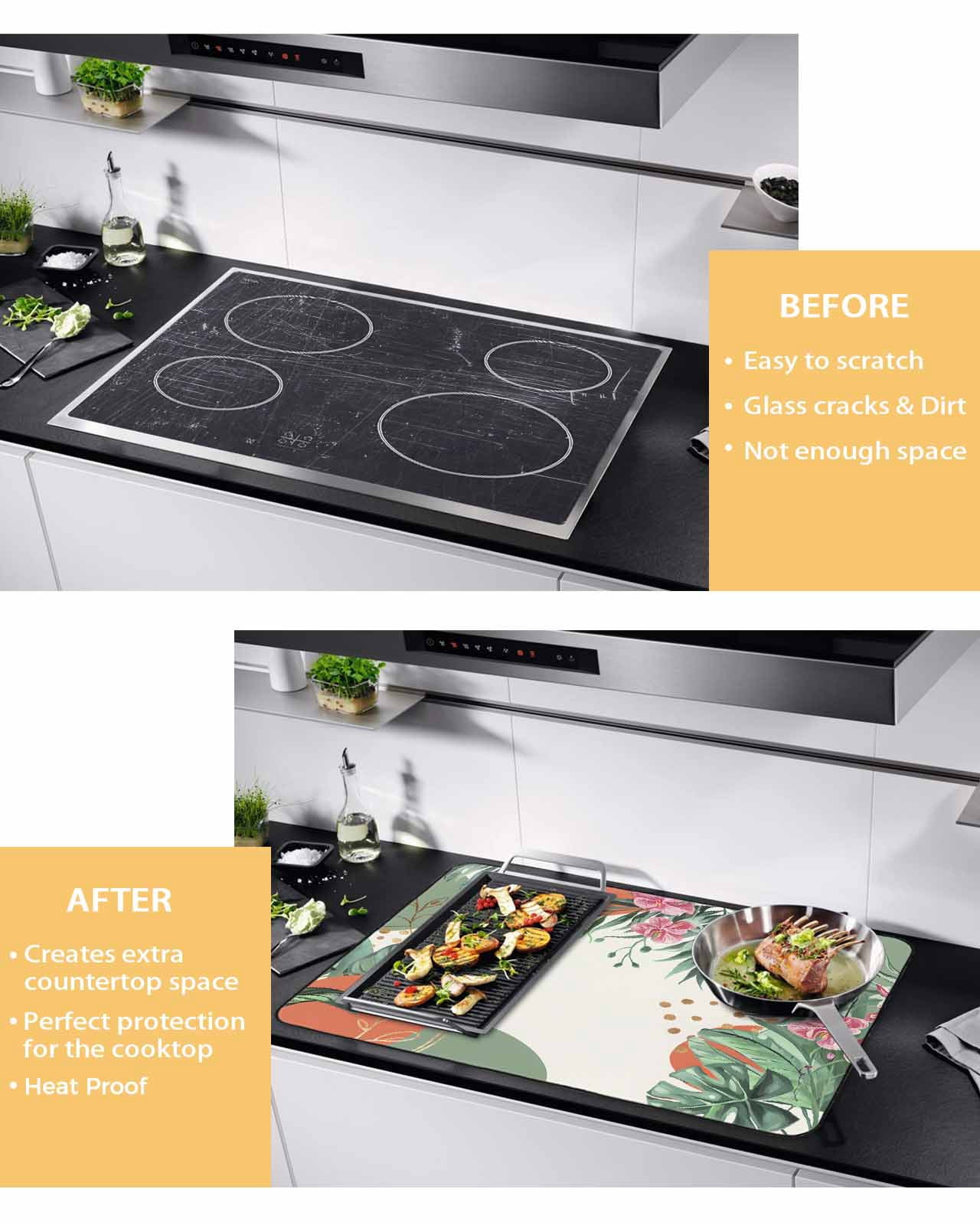 nqOlkjepod Large Induction Cooktop Protector Mat 36"x21", Green Leaves Stove Top Covers for Electric Stove, Summer Botanical Watercolor Abstract Art Stove Burner Cover Mats, Glass Top Stove Cover