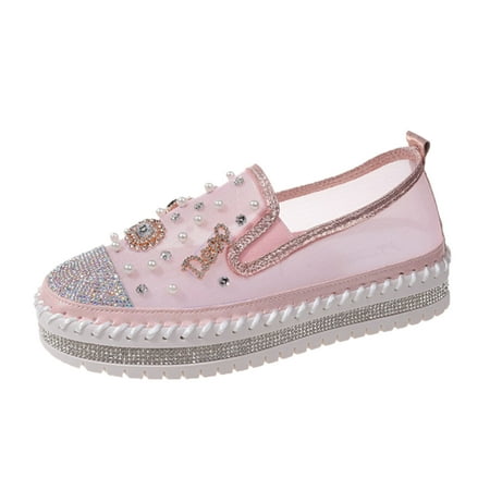 OJSFQUFP Womens Running Shoes Ladies Fashion Breathable Mesh Rhinestone Decorative Thick Sole Casual Shoes Work Flats Office Shoes Dressy Walking Shoes for Women Pink 40