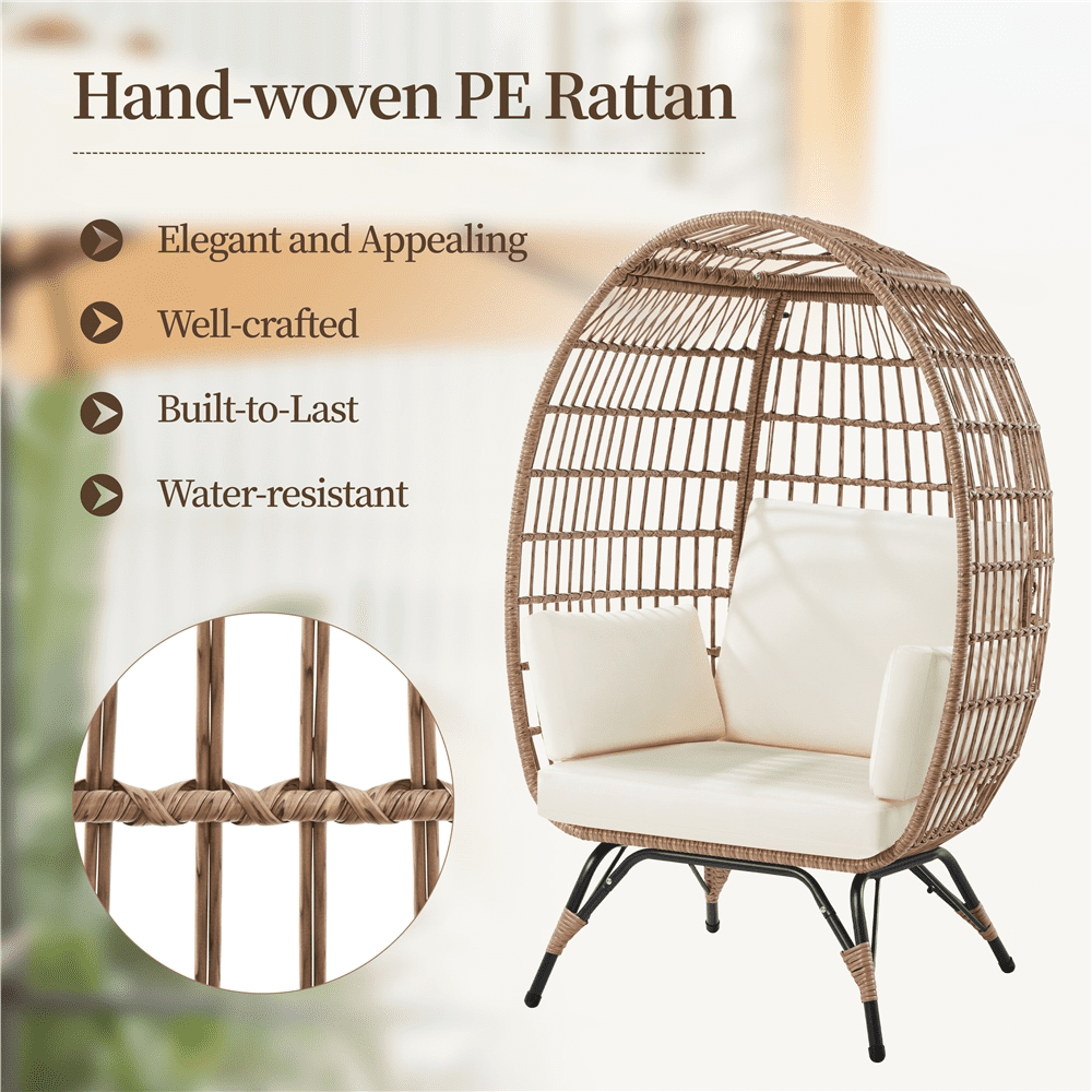 Alden Design PE Rattan Egg-shaped Basket Lounge Chair with 4 Cushions for Patio, Light Brown/ Ivory