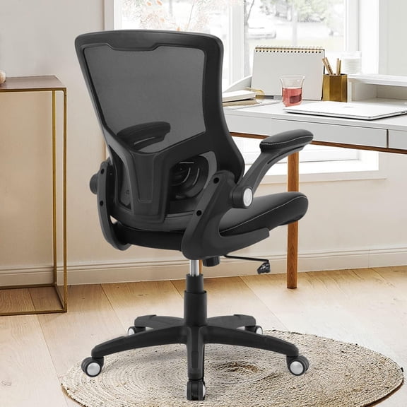 Office Chair Ergonomic Desk Chair, Computer PU Leather Home Office Chair, Swivel Mesh Back Adjustable Lumbar Support Flip-up Arms Executive Task Chair, 300 lbs, Black