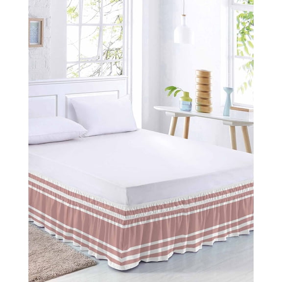 Pink Geometric Bed Skirt Queen Size 16 Inch Drop, Stripes Adjustable Elastic Dust Ruffles Bedskirt for Queen Bed Wrap Around Pleated Mattress Frame Cover