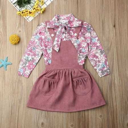 Toddler Baby Girls Princess Dress Long Sleeve Floral Blouse Shirt Strap Skirt Autumn Outfit Clothes Set