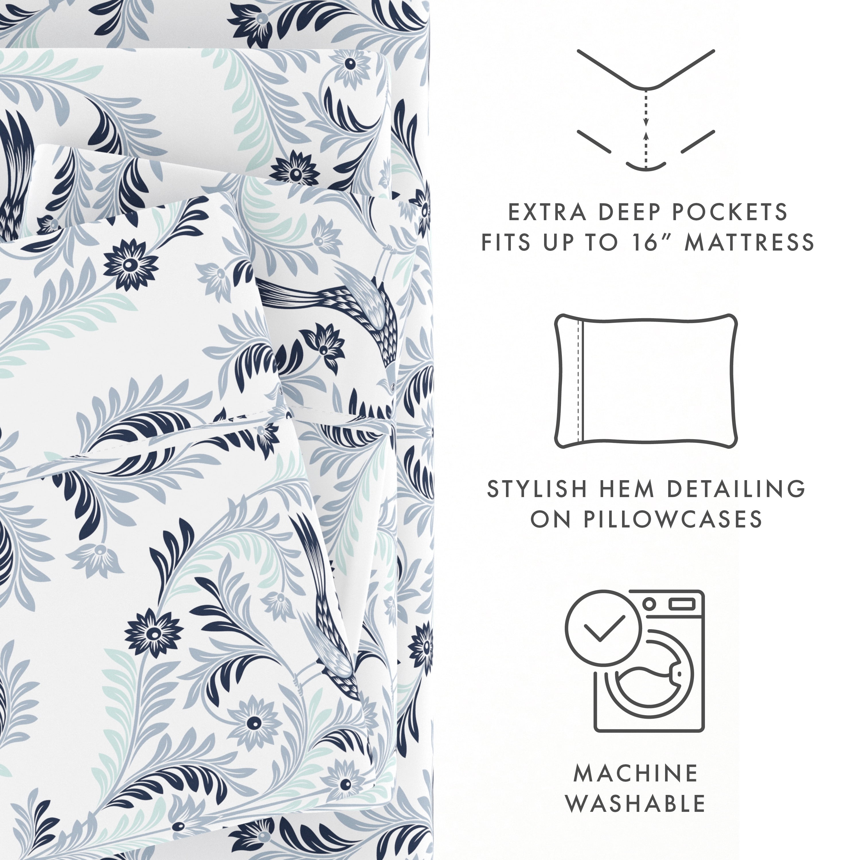 Noble Linens 4 Piece Pattern Microfiber Bed Sheets Set, Navy Garden Estate, King