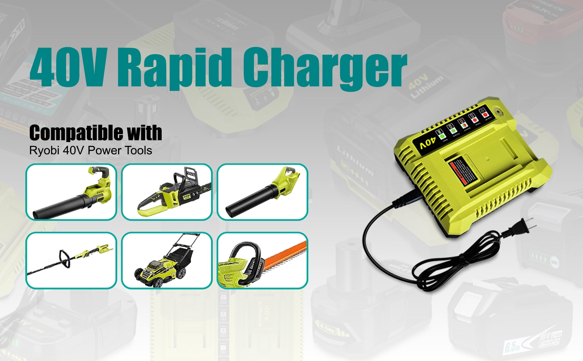 40V Battery Fast Charger Replacement for Rapid 40V Lithium ion Battery Charger OP401 OP403 OP404 OP406 OP407A OP40601 6Ah OP40602 5Ah OP4050 4Ah OP4040 Ryobi 40 Volts Battery Charger