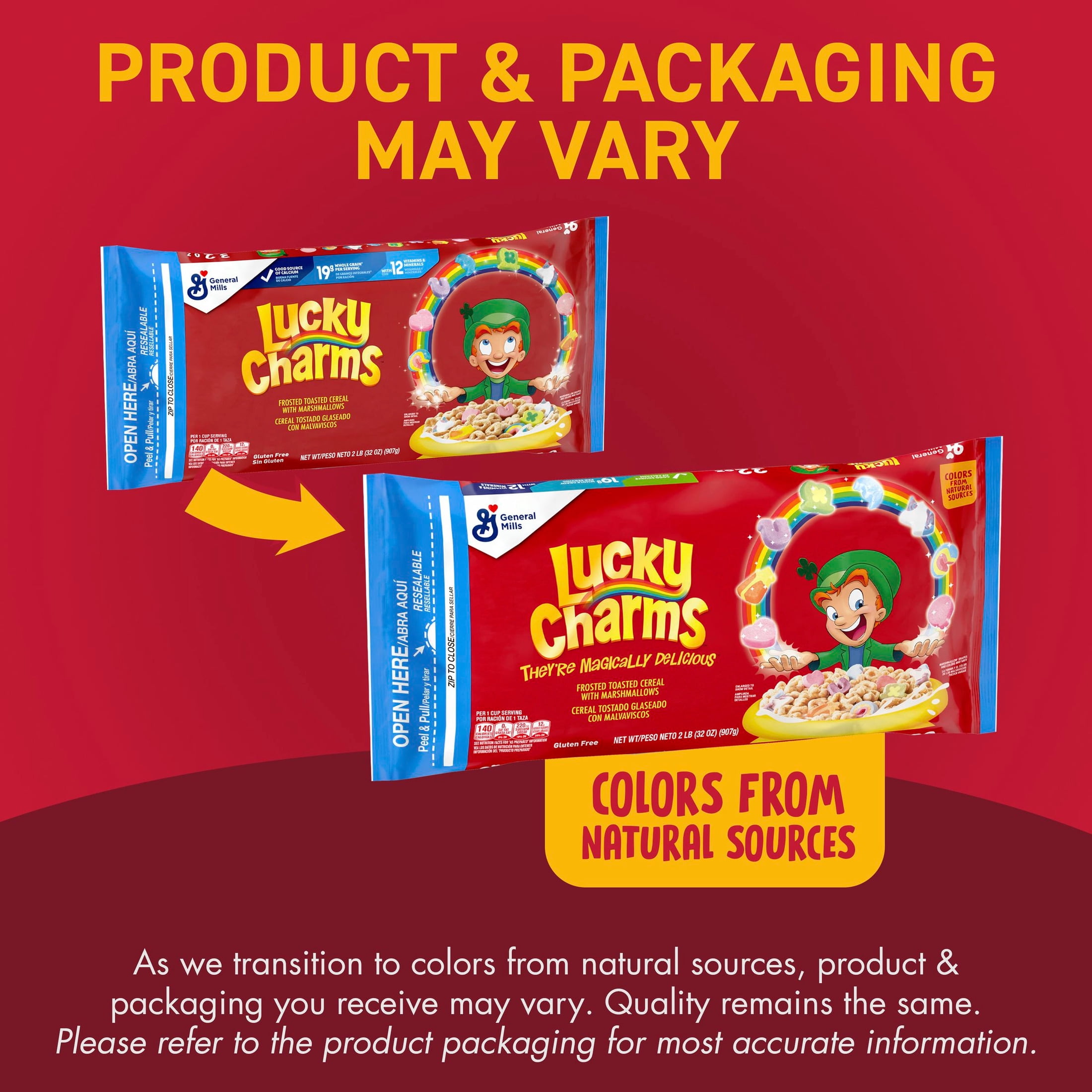 (6 pack) Lucky Charms Gluten Free Cereal with Marshmallows, Kids Breakfast Cereal Bag, 32 oz