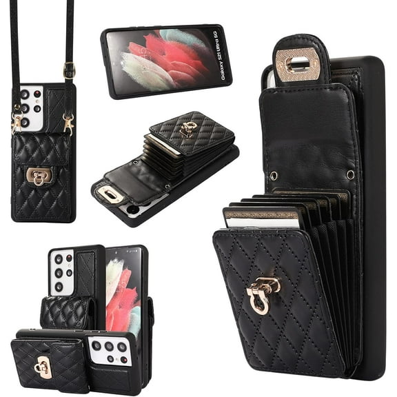 Phone Case for Samsung Galaxy S21 Ultra 5G Wallet Cover with Credit Card Holder Shoulder Crossbody Strap Long Lanyard Leather Cell Accessories S21ultra 21S S 21 21ultra G5 Women Girls Black