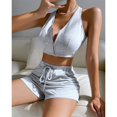 thumbnail image 3 of Conjunto de pantalones cortos informales sin mangas con cuello en V y cremallera para mujer, pantalones elásticos para primavera y verano, 3 of 8